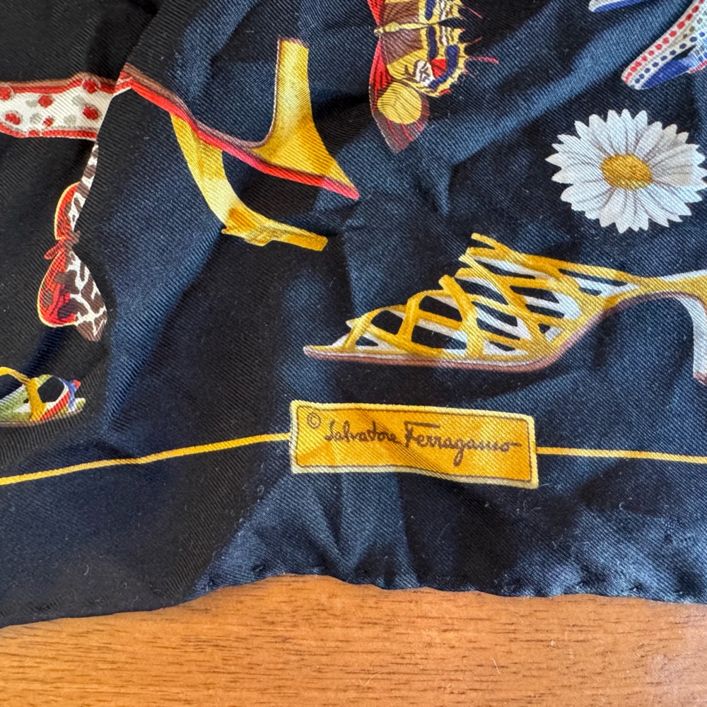 Salvatore Ferragamo Black Silk Scarf with high heel, floral, butterfly Italy - Picture 5 of 8